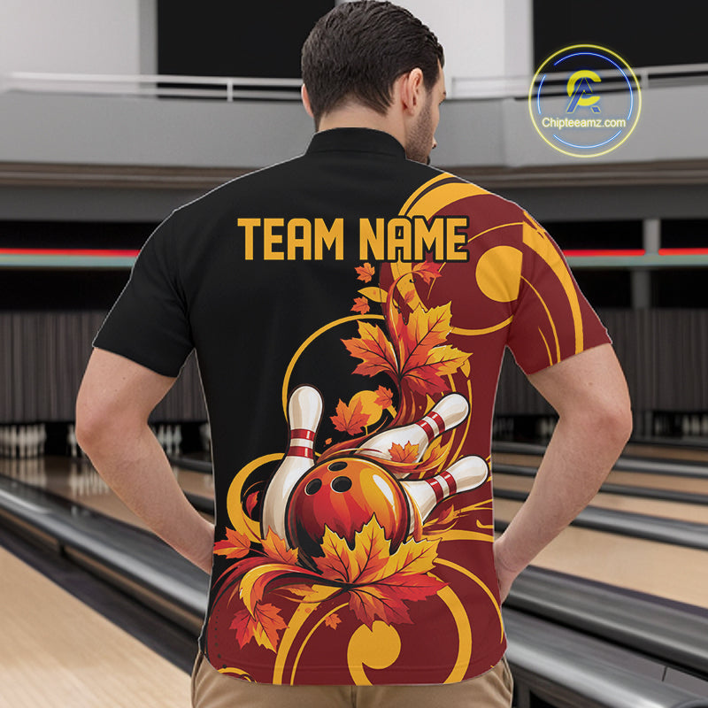 Custom Autumn Maple Leaf Thanksgiving Bowling Team Men Quarter Zip Shirt Bowler Outfit IPHW12802