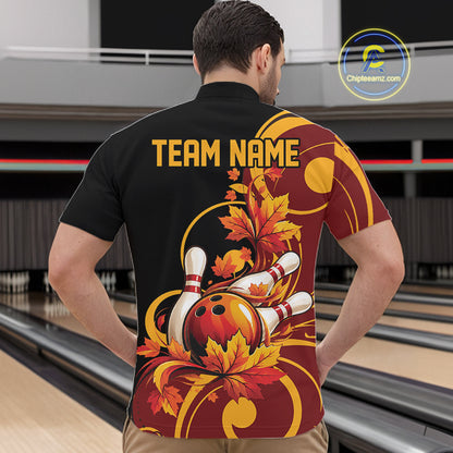 Custom Autumn Maple Leaf Thanksgiving Bowling Team Men Quarter Zip Shirt Bowler Outfit IPHW12802