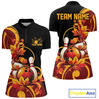 Custom Autumn Maple Leaf Thanksgiving Bowling Team Women Quarter-Zip Shirt Bowler Outfit IPHW12802