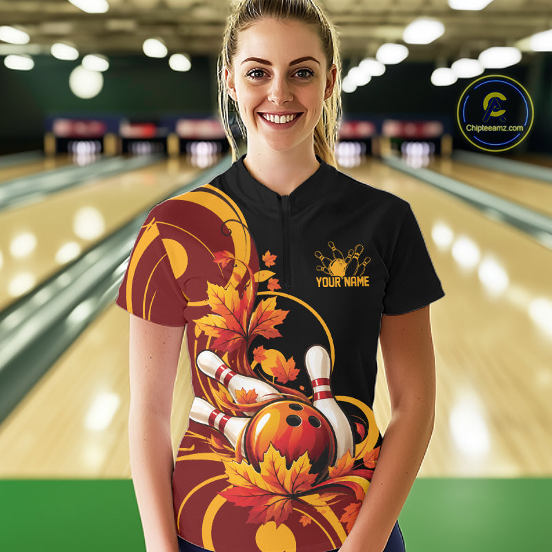 Custom Autumn Maple Leaf Thanksgiving Bowling Team Women Quarter-Zip Shirt Bowler Outfit IPHW12802