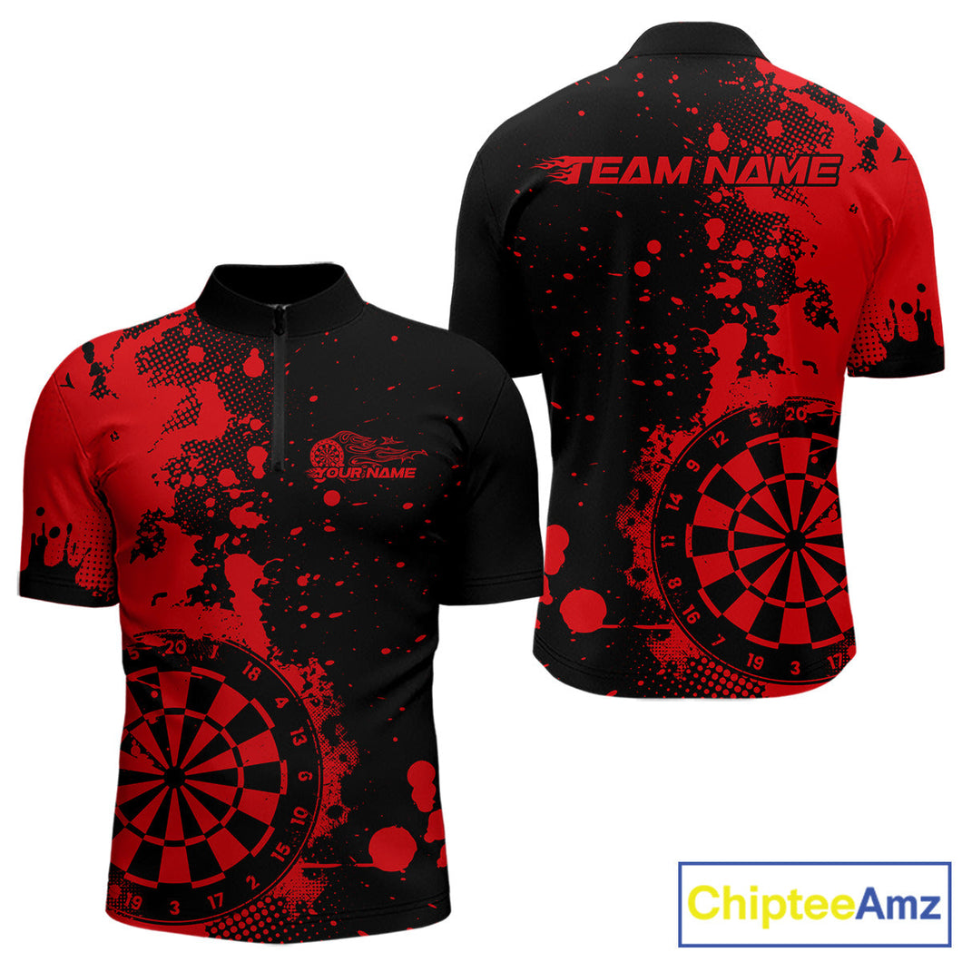 Custom Black And Red Splatter Dartboard Dart Quarter-Zip Shirt For Men, Grunge Dart Team Jerseys IPHW9956