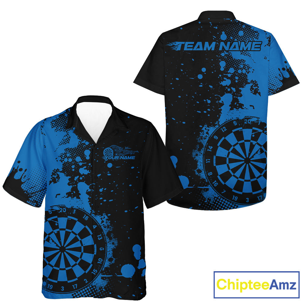 Custom Black And Blue Splatter Dartboard Dart Hawaiian Shirt For Men And Women, Grunge Dart Team Jerseys IPHW9958