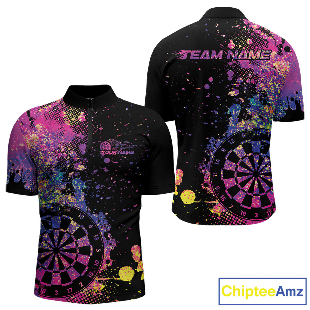 Custom Colorful Splatter Dartboard Dart Quarter-Zip Shirt For Men, Grunge Dart Team Jerseys IPHW9960