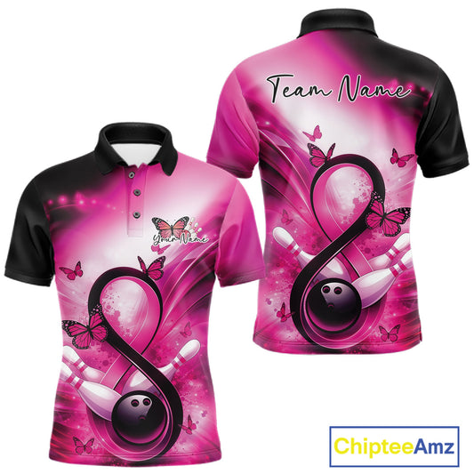 Front and back views of a mens bowling polo with a pink awareness ribbon, bowling pins, butterflies, and bowling ball artwork.