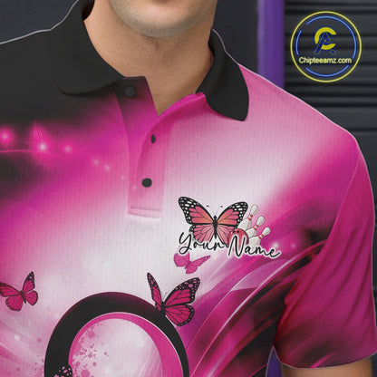 Close-up left chest graphic featuring a pink awareness ribbon, bowling ball, and butterfly motif on a bowling polo.