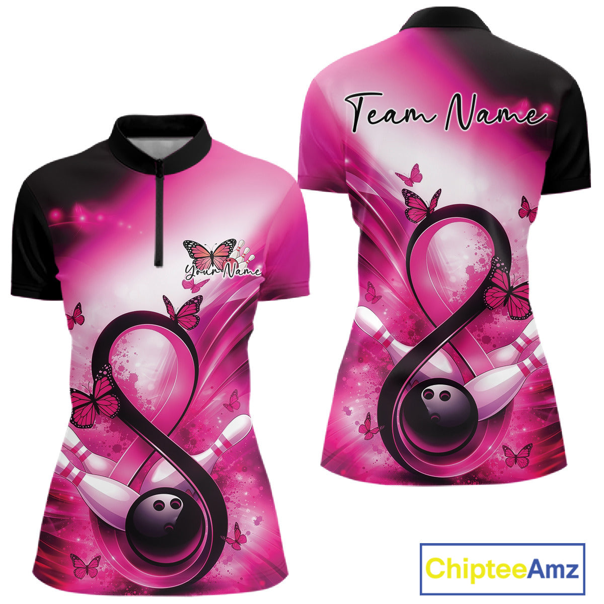 Front and back views of a womens bowling quarter-zip showcasing a pink awareness ribbon around a bowling ball with butterfly accents.