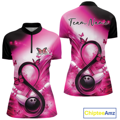 Front and back views of a womens bowling quarter-zip showcasing a pink awareness ribbon around a bowling ball with butterfly accents.