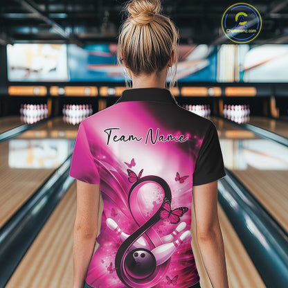 Back view of a bowling quarter-zip displaying butterfly details, bowling pins, and a pink ribbon graphic.