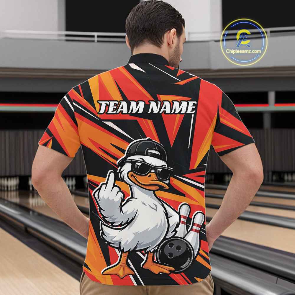 Front view of a mens bowling quarter-zip showcasing duck artwork, bowling pins, and geometric patterns.