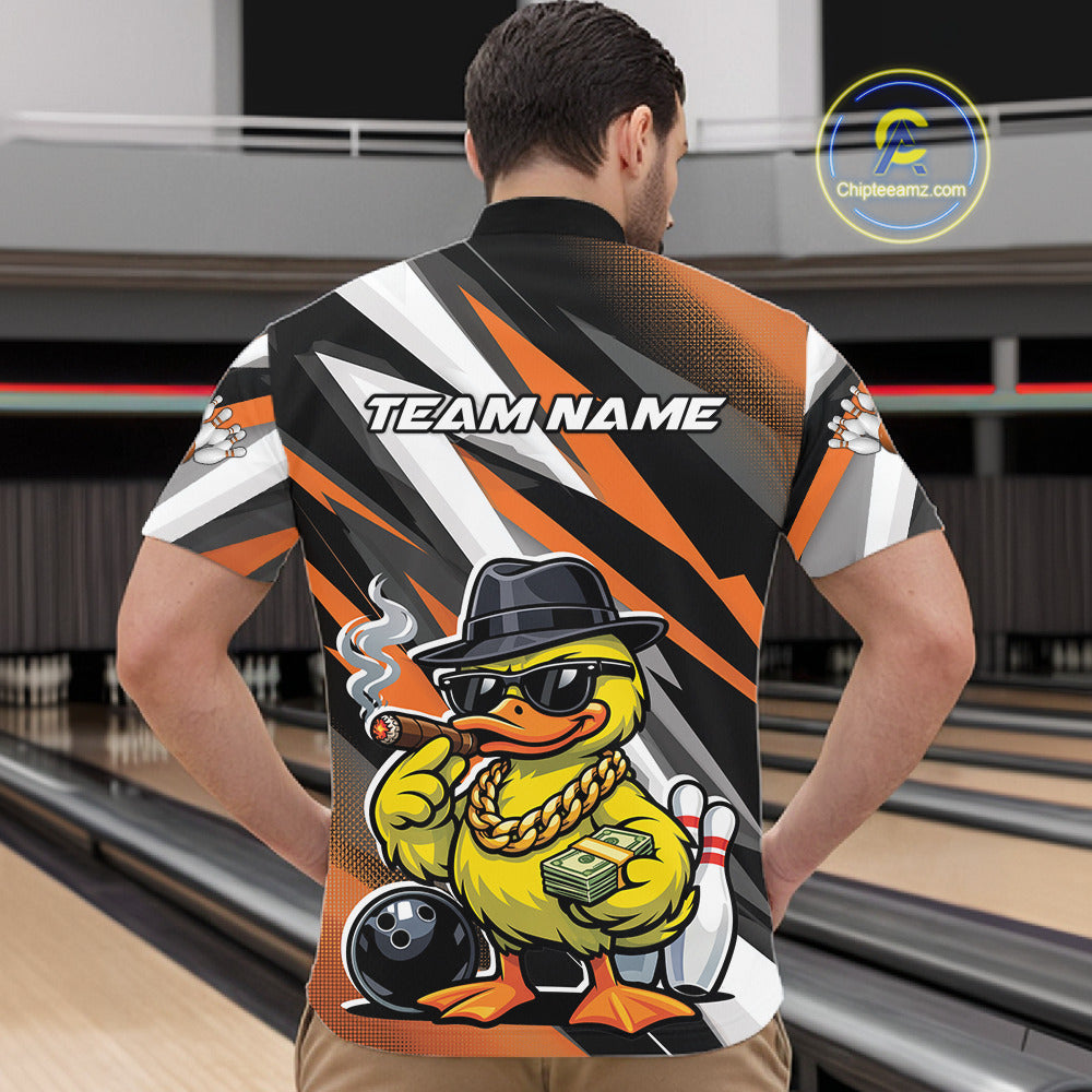 Front view male model in bowling lane wearing quarter-zip shirt featuring duck sunglasses fedora holding cash and cigar illustration