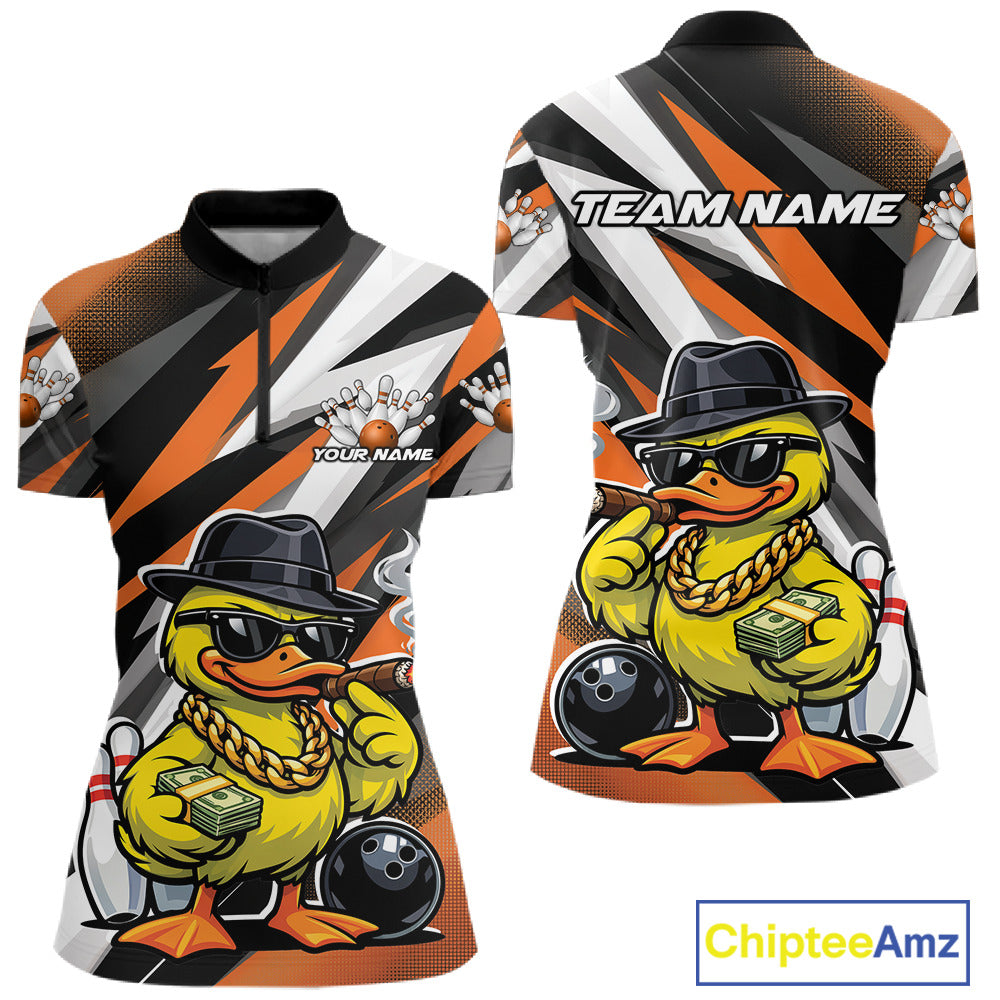 Front and back mockup of womens bowling quarter zip in black and orange featuring a duck wearing sunglasses and fedora holding cash and cigar beside bowling ball and pins.