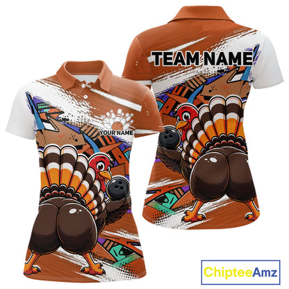 Front and back views of an orange custom women's bowling polo shirt featuring a funny graffiti turkey holding a bowling ball, paint splatter accents, and a personalized name.