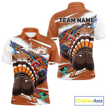 Load image into Gallery viewer, Front and back views of an orange custom men's bowling polo shirt featuring an urban street style graffiti turkey holding a bowling ball.