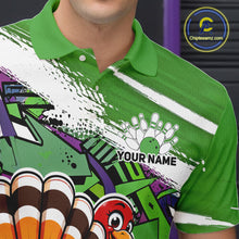 Load image into Gallery viewer, Close up front view of the left chest area on a green custom bowling polo shirt, featuring a graffiti inspired urban street style design with paint splatter accents and a personalized name.