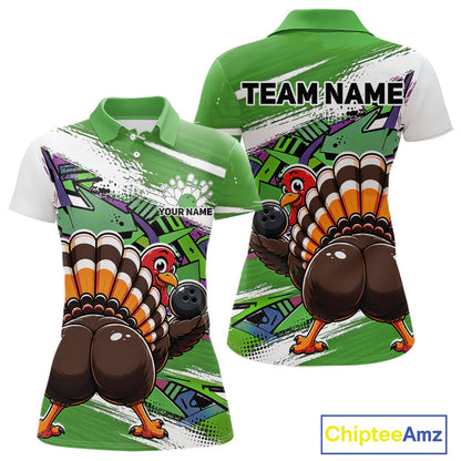 Front and back views of a green custom women's bowling polo shirt featuring a funny graffiti turkey holding a bowling ball, paint splatter accents, and a personalized name.