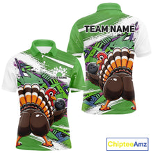 Load image into Gallery viewer, Front and back views of a green custom men's bowling polo shirt featuring an urban street style graffiti turkey holding a bowling ball.