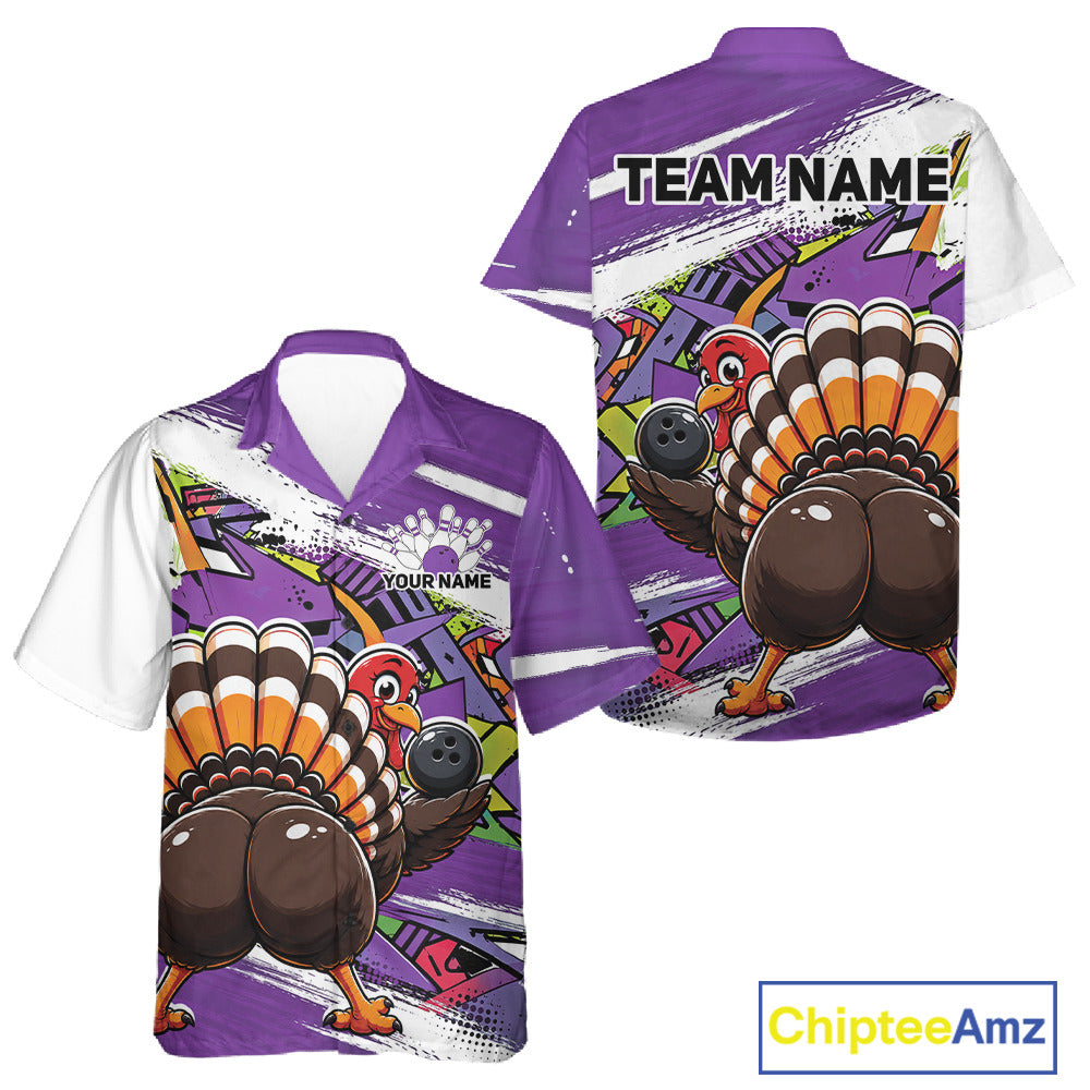 Front and back views of a purple custom bowling button up shirt featuring a funny urban street style graffiti turkey holding a bowling ball.