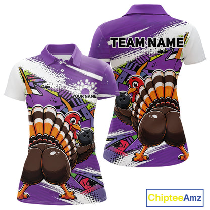 Front and back views of a purple custom women's bowling polo shirt featuring a funny graffiti turkey holding a bowling ball, paint splatter accents, and a personalized name.
