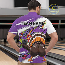 Load image into Gallery viewer, Back view of a male model in a bowling alley wearing a purple custom quarter zip bowling shirt with a funny graffiti turkey holding a bowling ball, paint splatter accents, and a personalized name.