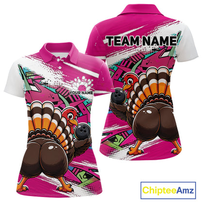 Front and back views of a pink custom women's bowling polo shirt featuring a funny graffiti turkey holding a bowling ball, paint splatter accents, and a personalized name.