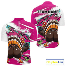 Load image into Gallery viewer, Front and back views of a pink custom quarter zip bowling shirt featuring a funny graffiti turkey holding a bowling ball, paint splatter accents.