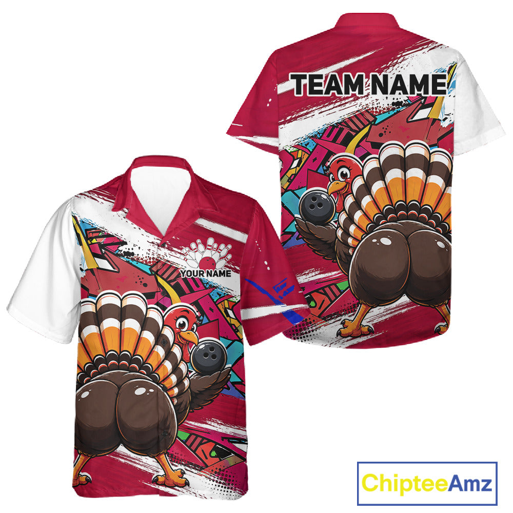 Front and back views of a red custom bowling button up shirt featuring a funny urban street style graffiti turkey holding a bowling ball.