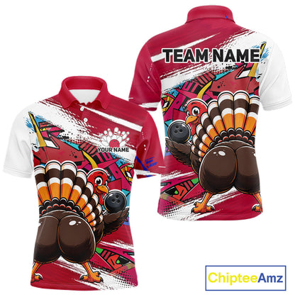 Front and back views of a red custom men's bowling polo shirt featuring an urban street style graffiti turkey holding a bowling ball.