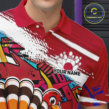Load image into Gallery viewer, Close up front view of the left chest area on a red custom bowling polo shirt, featuring a graffiti inspired urban street style design with paint splatter accents and a personalized name.