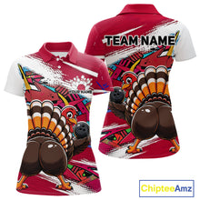 Load image into Gallery viewer, Front and back views of a red custom women's bowling polo shirt featuring a funny graffiti turkey holding a bowling ball, paint splatter accents, and a personalized name.