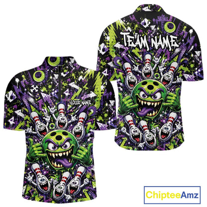 Front and back view of a green and purple men's bowling quarter-zip shirt featuring a mischievous green monster bowling ball with sharp teeth, a purple tongue, playful hand gesture, and cheerful cartoon bowling pins.