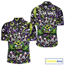 Load image into Gallery viewer, Front and back view of a green and purple men's bowling quarter-zip shirt featuring a mischievous green monster bowling ball with sharp teeth, a purple tongue, playful hand gesture, and cheerful cartoon bowling pins.