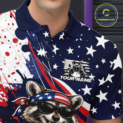 Left chest close-up of a bowling polo displaying a patriotic raccoon and bowling ball graphic.