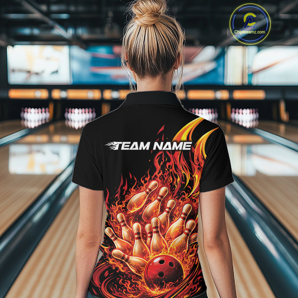 Back view female model wearing polo shirt with flaming bowling ball striking pins turquoise blue explosive fire graphics