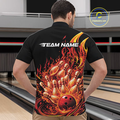 Front view male model in bowling lane wearing quarter-zip shirt featuring flaming bowling ball crashing pins red dynamic sports design