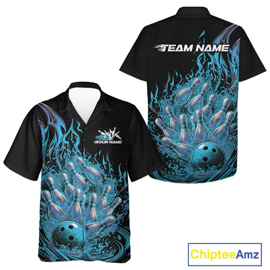 Button-up bowling shirt mockup in black and blue with front and back views featuring flaming bowling strike graphics.