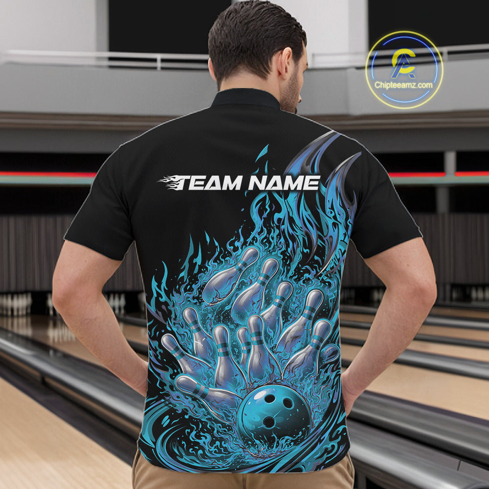 Front view male model in bowling lane wearing quarter-zip shirt featuring flaming bowling ball crashing pins blue sports design