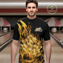 Load image into Gallery viewer, Male model in bowling lane wearing quarter-zip shirt with flaming bowling ball striking pins yellow flame sports graphics