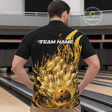 Load image into Gallery viewer, Front view male model in bowling lane wearing quarter-zip shirt featuring flaming bowling ball crashing pins yellow fiery design