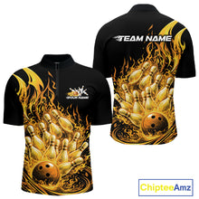 Load image into Gallery viewer, Front and back view men’s quarter-zip bowling shirt mockup featuring flaming bowling ball crashing into pins yellow fire theme