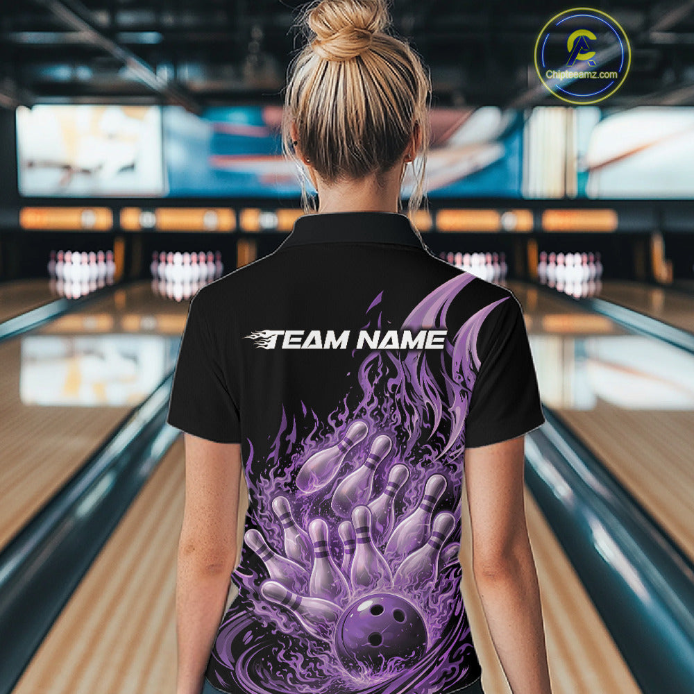 Back view female model wearing polo shirt with flaming bowling ball crashing into pins red fiery bowling graphics