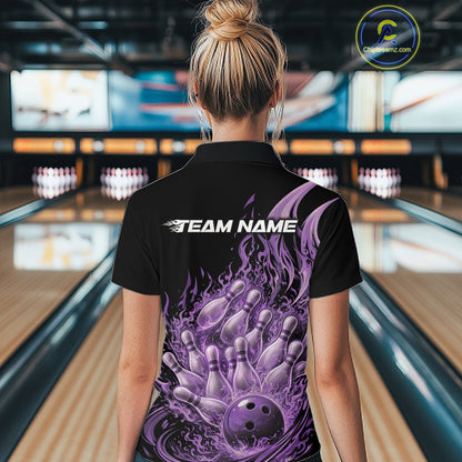 Back view female model wearing polo shirt with flaming bowling ball crashing into pins red fiery bowling graphics