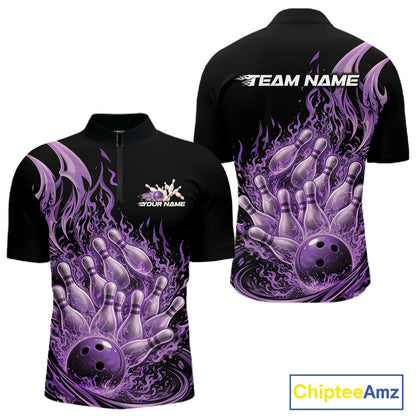 Front and back view men’s quarter-zip bowling shirt mockup featuring flaming bowling ball crashing into pins purple fiery theme