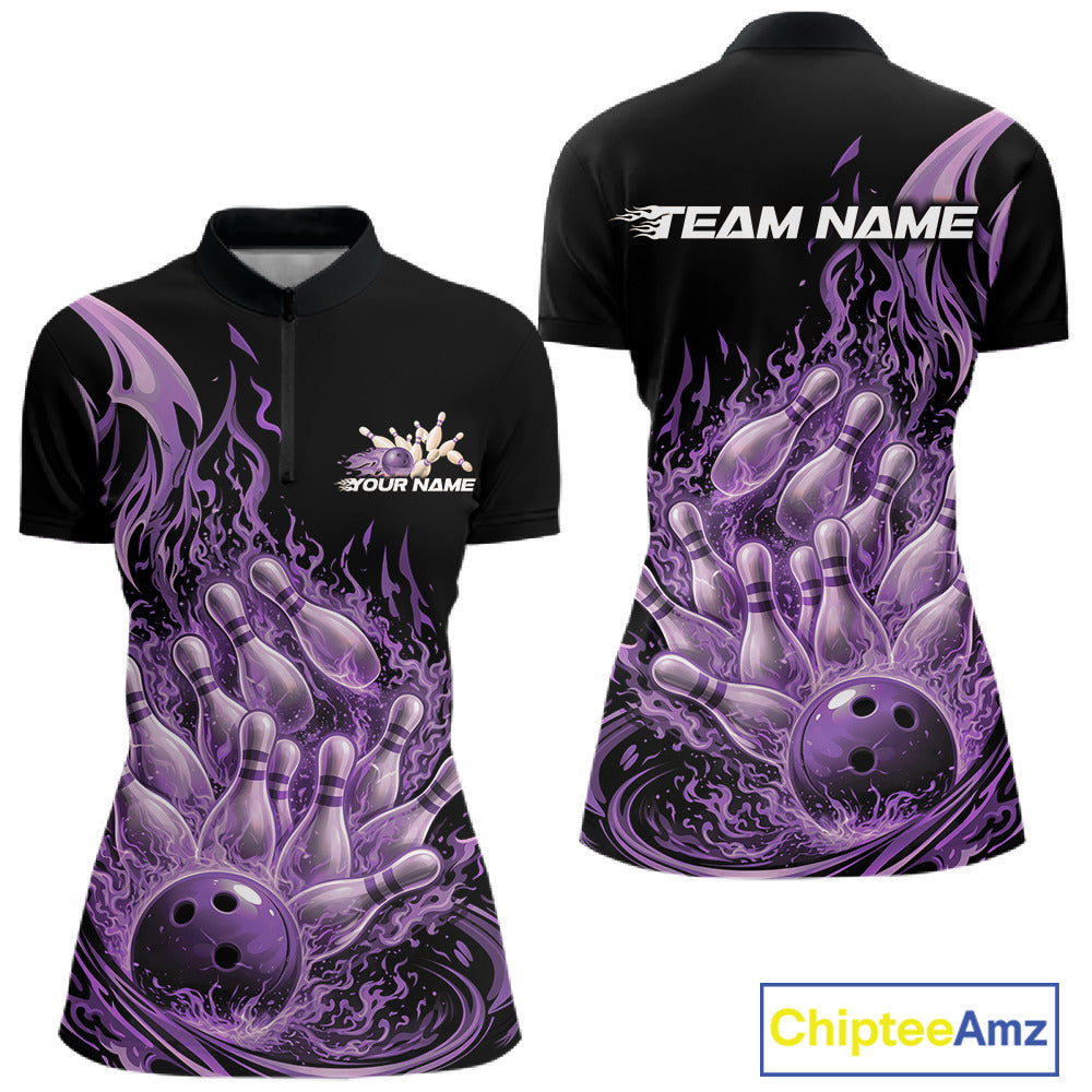 Front and back view of a women’s bowling quarter zip shirt featuring a flaming bowling ball crashing into pins with blazing fire effects.