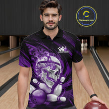 Load image into Gallery viewer, Man wearing a black and purple bowling shirt with a skull design in a bowling alley.