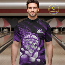 Load image into Gallery viewer, Man wearing a purple and black bowling shirt with a skull design in a bowling alley.