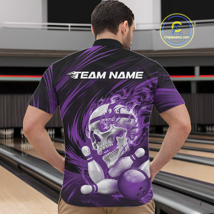 Person wearing a bowling shirt with a skull and ball design in a bowling alley.
