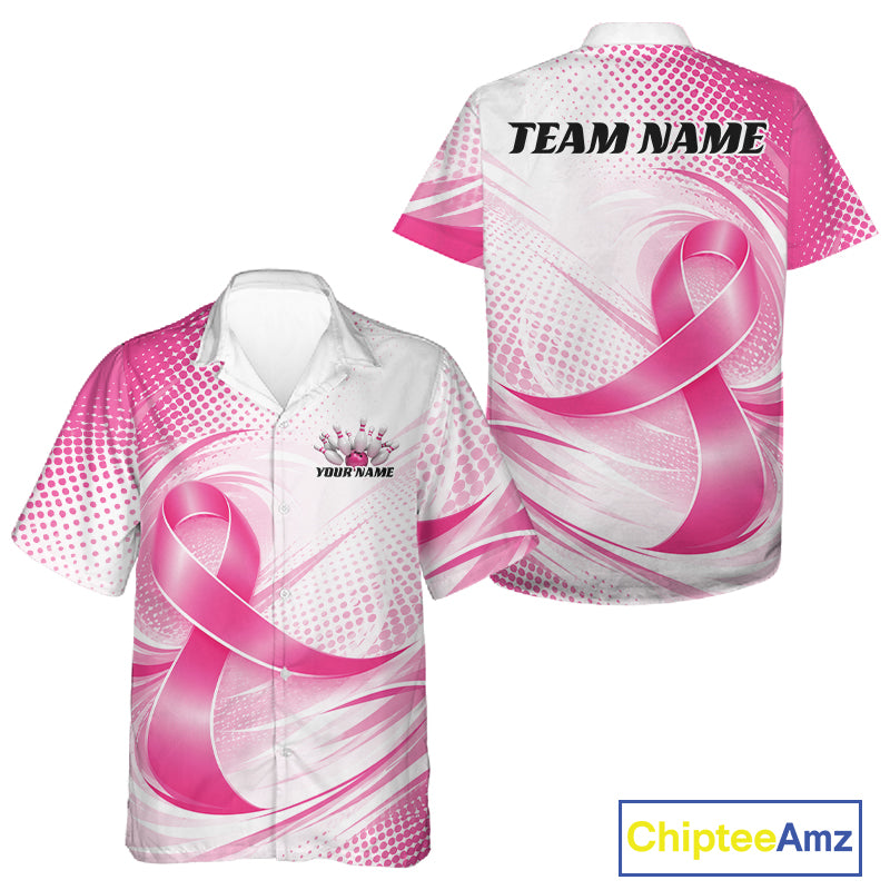 Custom Breast Cancer Pink Ribbon Bowling Team League Shirt For Men And Women, Bowling Button Up Shirt IPHW12047