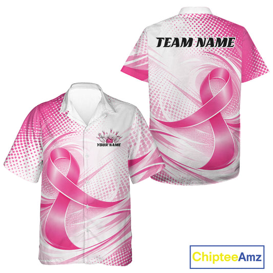 Custom Breast Cancer Pink Ribbon Bowling Team League Shirt For Men And Women, Bowling Button Up Shirt IPHW12047