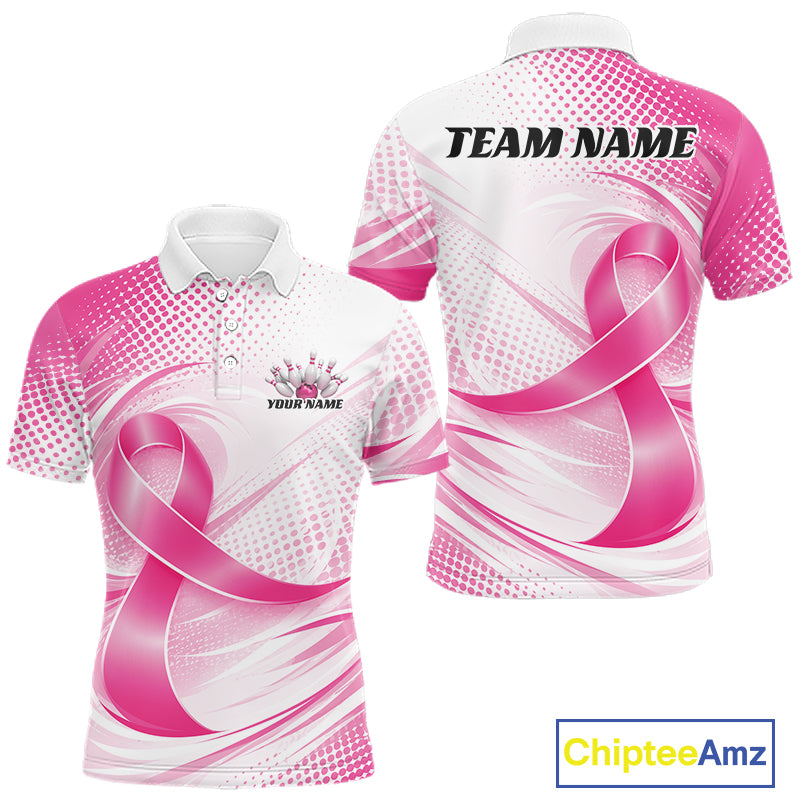 Custom Breast Cancer Pink Ribbon Bowling Team League Shirt For Men, Bowling Polo Shirt IPHW12047