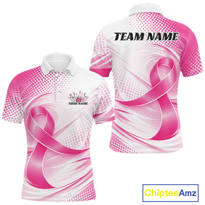 Custom Breast Cancer Pink Ribbon Bowling Team League Shirt For Men, Bowling Polo Shirt IPHW12047
